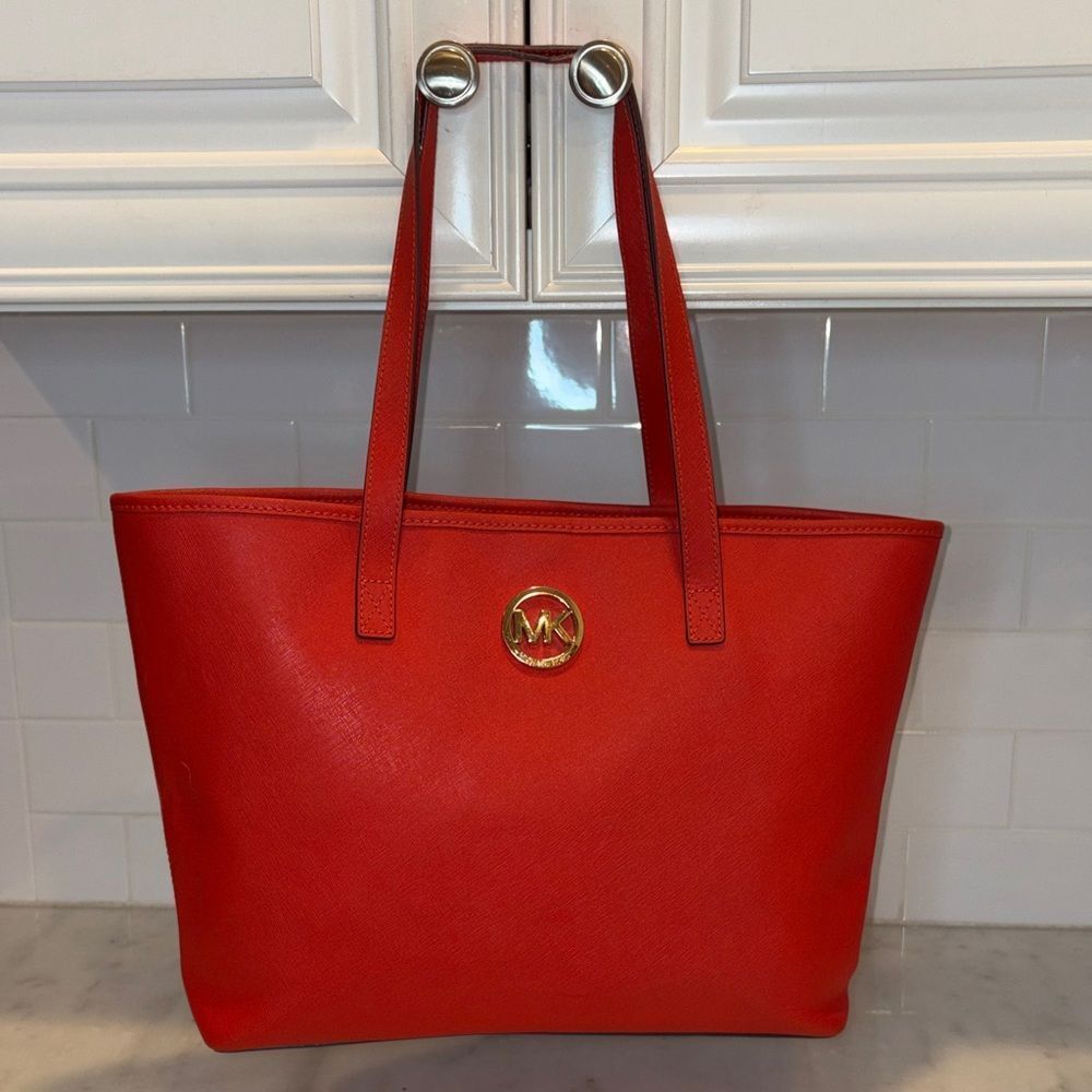 Michael Kors Purse Tote Bag Jet Set Travel Large Saffiano Leather - Red Gold